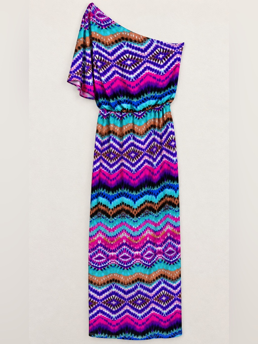 Cato One-Cape Shoulder Multicolor Ikat Maxi Dress with Elastic Waist. Size XL